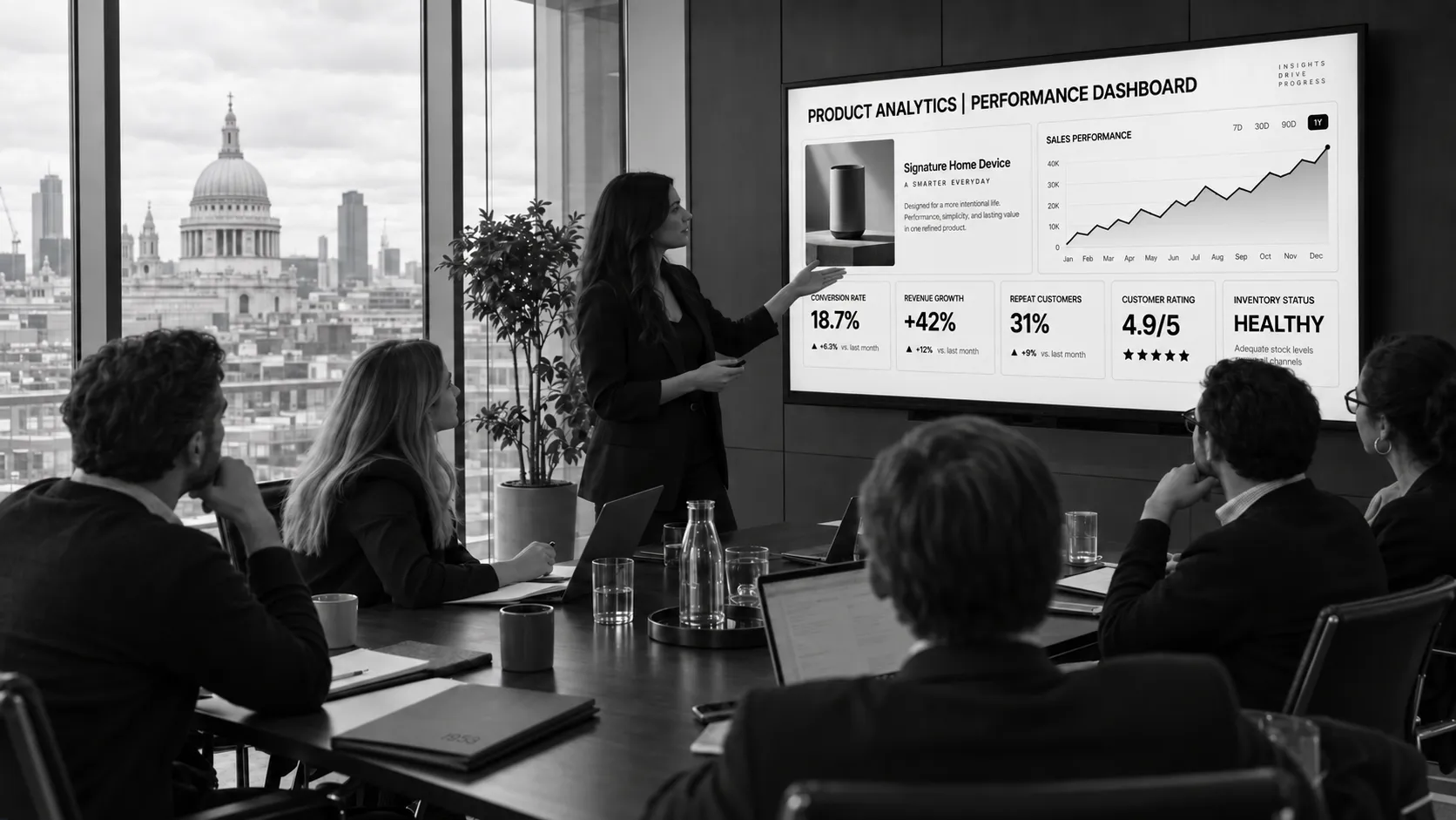 Product analytics performance dashboard presented in a boardroom