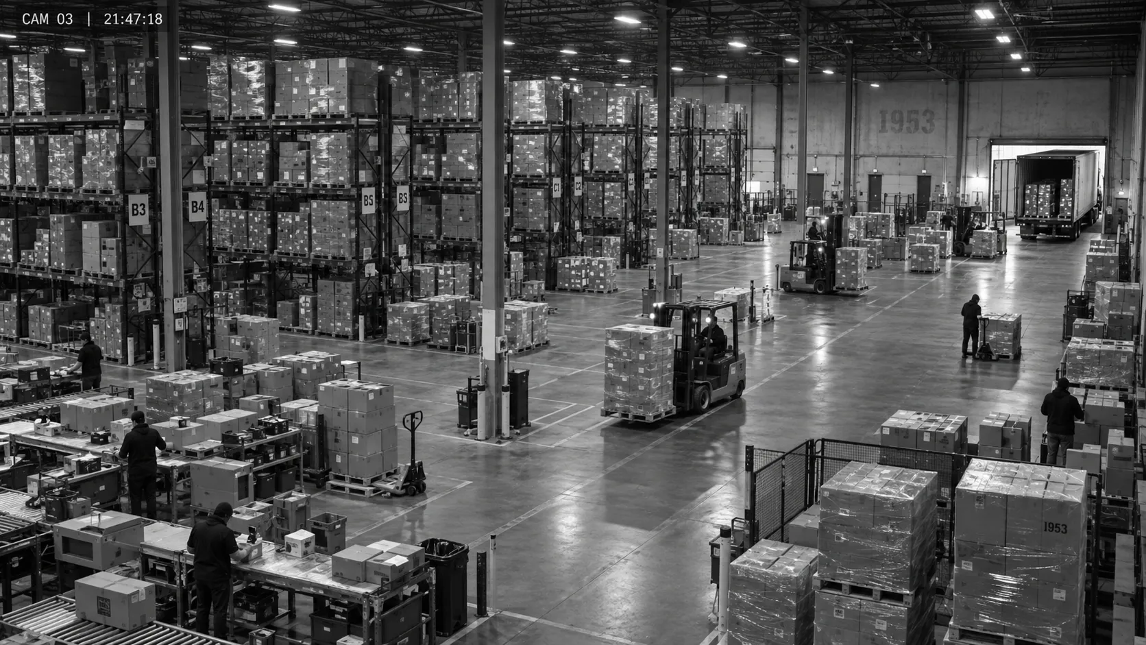 High-bay distribution warehouse with forklift and outbound logistics