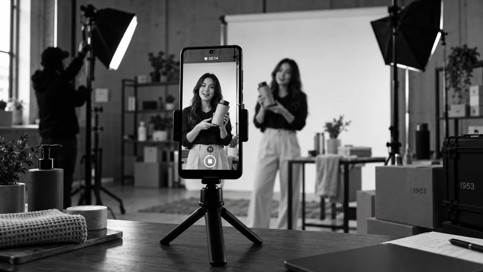 Creator filming a product on a phone rig in a live-commerce studio
